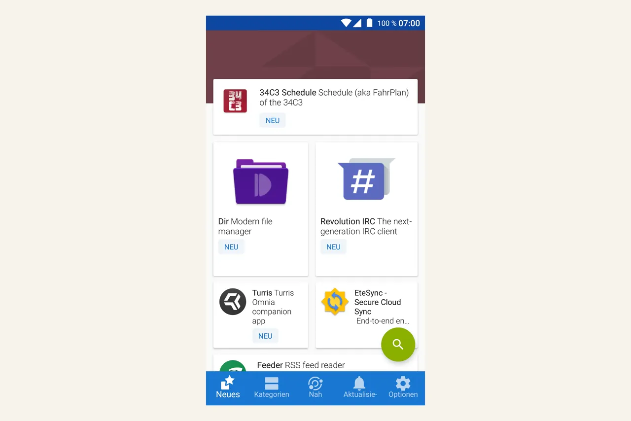 Startseite der App F-Droid mit neuen Apps