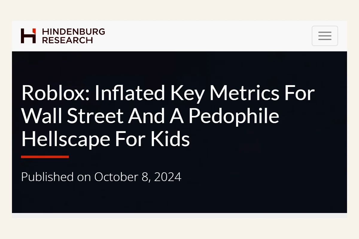 Header of the Hindenburg report on Roblox of 8 October 2024