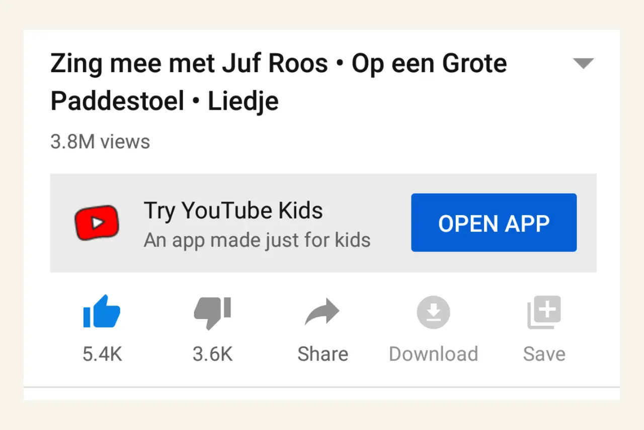 YouTube-App mit Hinweis auf YouTube Kids unter einem Kinderlied