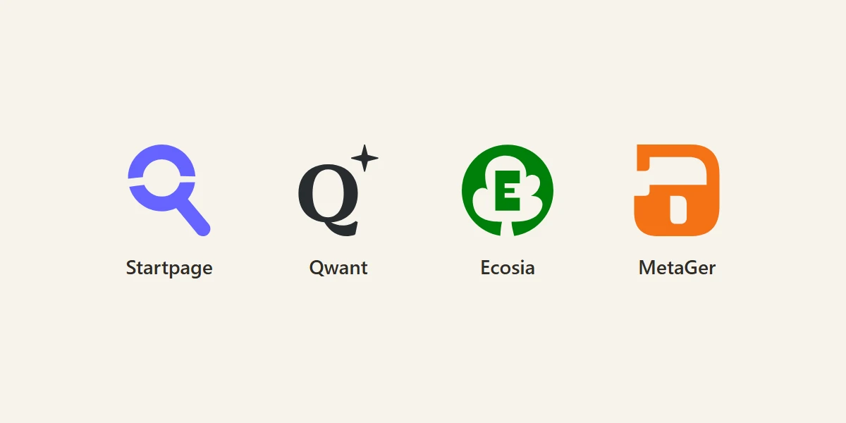 Logos der europäischen Suchmaschinen Startpage, Qwant, Ecosia und MetaGer