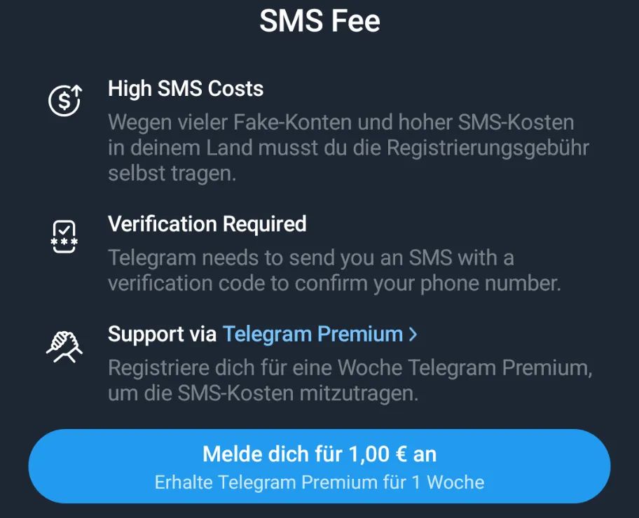 Telegram-Bildschirm „SMS Fee