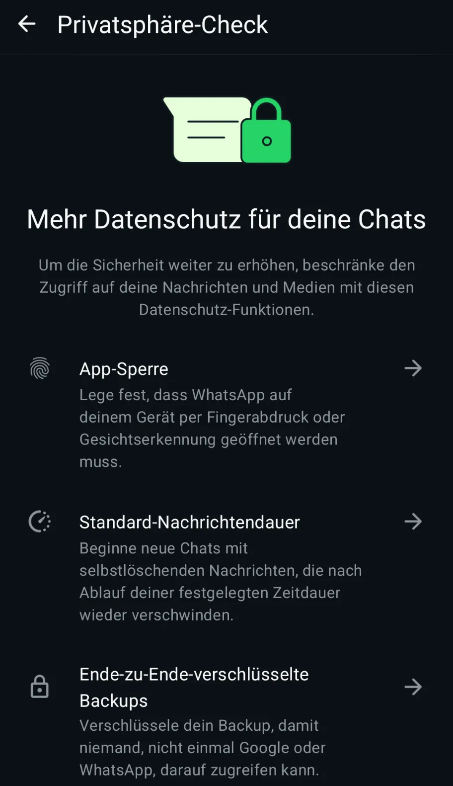 WhatsApp Privatsphäre-Check „Mehr Datenschutz für deine Chats