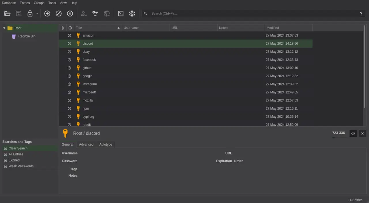 Kontenliste im Programm KeePassXC