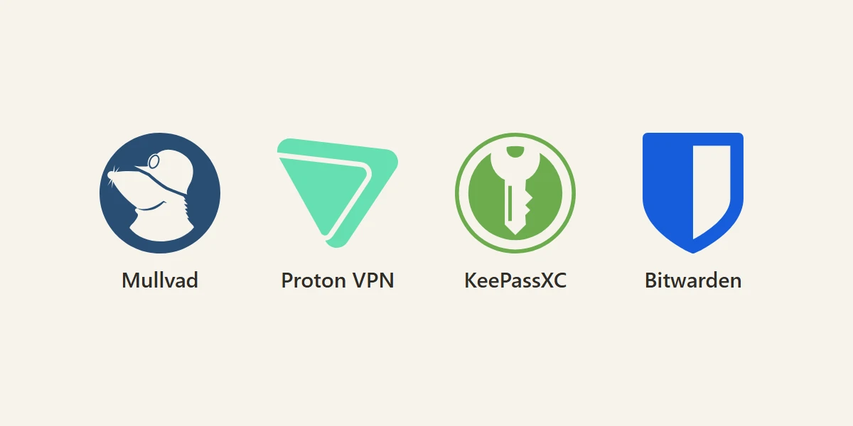 Logos of Mullvad, Proton VPN, KeePassXC and Bitwarden