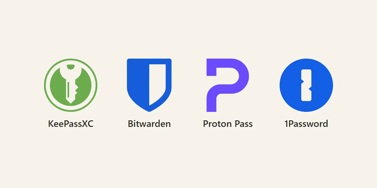 Logos von KeePassXC, Bitwarden, Proton Pass und 1Password