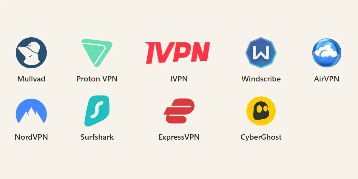 Logos von Mullvad, Proton VPN, IVPN, Windscribe, AirVPN, NordVPN, Surfshark, ExpressVPN und CyberGhost